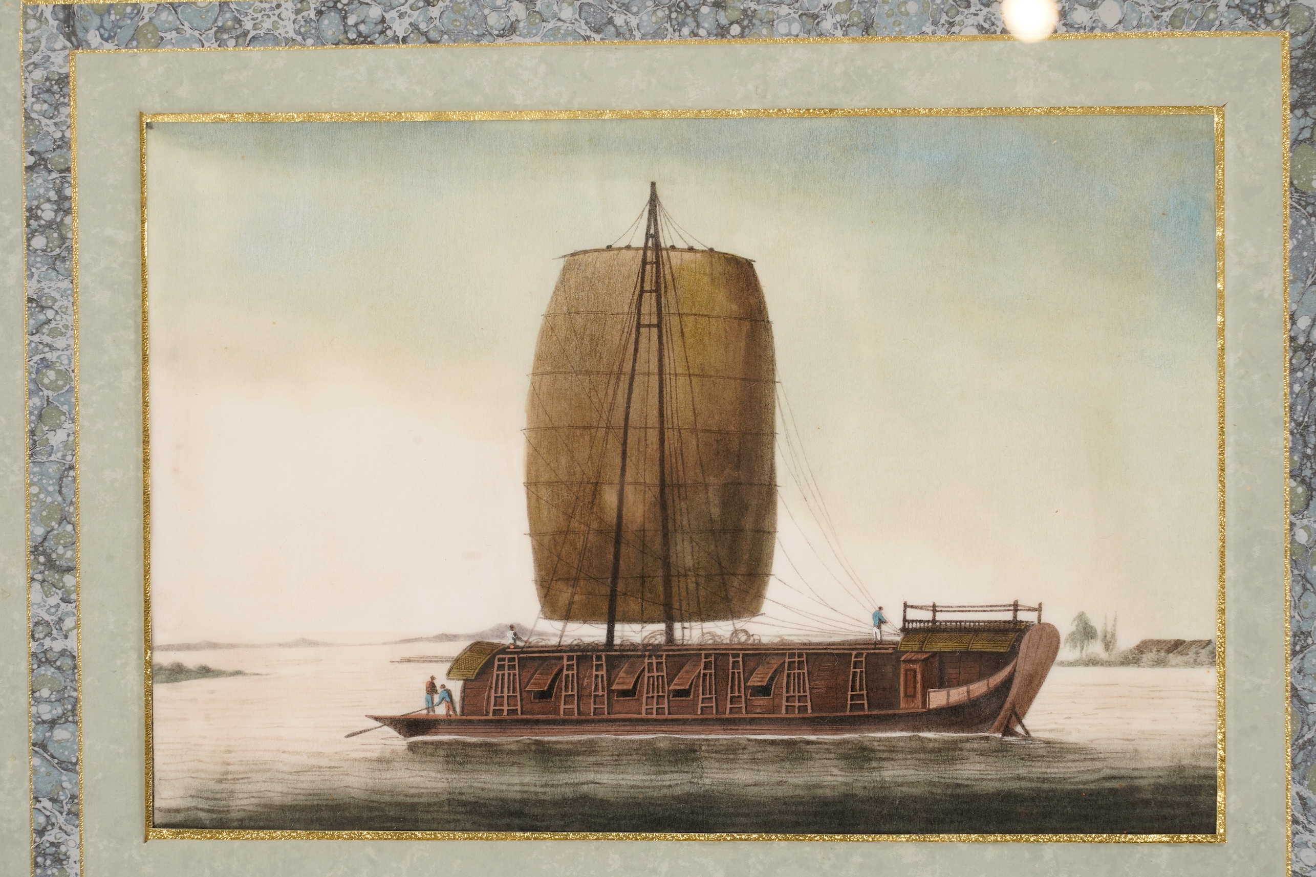 Chinese School , (Mid 19th century), Chinese junk boats in landscapes, Watercolour on pith paper, Image 15cm x 22.5cm